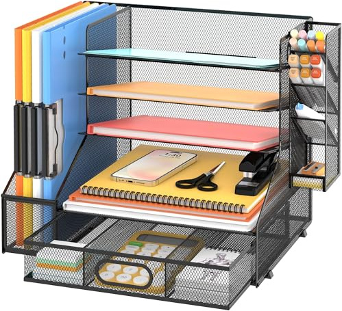 SUPEASY Schreibtisch Organizer mit Aktenhalter, 5-Tier Mesh Papier Brief Tray Organizer mit Stifthalter und Schublade, Desktop Organizer und Lagerung mit 3 geneigten Datei Sortier, Schwarz