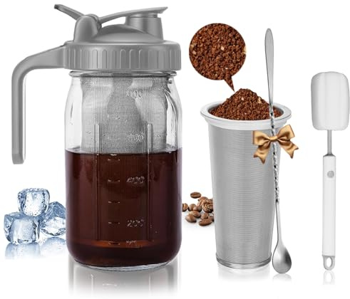 Cafultgo 800ml Cold Brew Coffee Maker with Stainless Steel Filter, 1 Quart Heavy Duty Iced Coffee Maker Pour Spout Handle Lid, Cleaning Brush and Spoon, for Iced Coffee, Fruit Drinks(grey)
