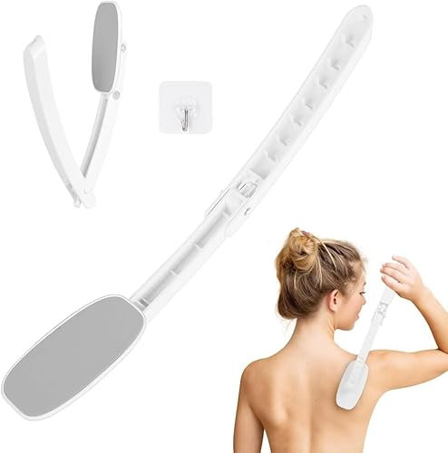 JXJXJX Back Lotion Applicator – Foldable & Extendable Body Cream Applicator with Detachable Handle, 2-in-1 Shower Exfoliator Brush for Men/Women, Ergonomic Back Scrubber for Tanning, (Grey)