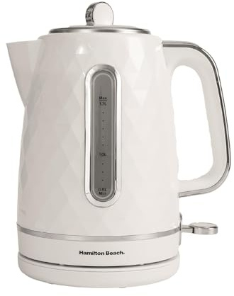 Hamilton Beach Electric Kettle, Diamond, 1.7L, Boil Dry Protection, Diamond Texture, 360° Swivel Base, Easy Read Water Level Window, Built-in Cord Storage, White - HBK8359W