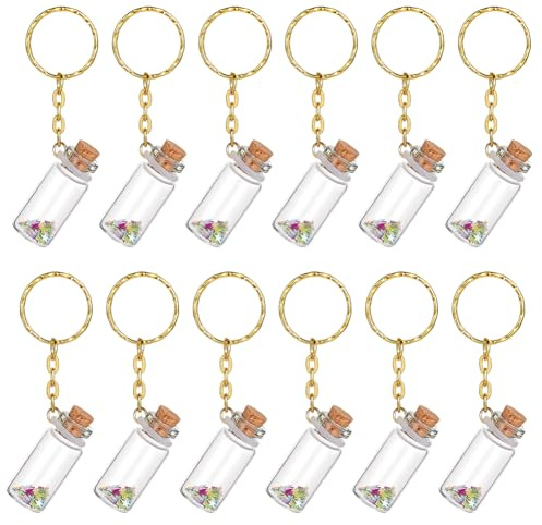 DELORIGIN 12PCS Mini Glass Wish Bottle Keychains 3ml Tiny Jars with Cork Lids Potion Bottles with Sparkly Stars Gold Keyrings Pendant for DIY Crafts Party Wedding Bag Hanging Decorations