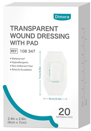 Dimora Transparent Film Dressing 6 cm x 7 cm with pad, 20 pcs, Clear Bandage Tape for Wound Care, Adhesive Post Surgical Cover Pad，for IV Shield, Tattoo Aftercare, Shower Protector