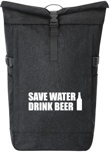 Huuraa Kurierrucksack Save Water Drink Beer Bierflasche 30-44 Liter Black Melange Fairtrade Rolltop Rucksack Geschenkidee