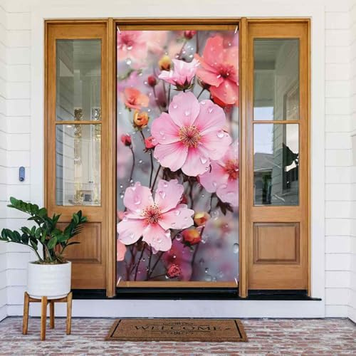 Türabdeckungsdekorationen, schöne rosa Blume, Türbanner Hintergrund, saisonales Veranda-Türschild, Foto-Hintergrund, Party-Dekoration für drinnen und draußen, Garten, hängendes Banner 80 x 183 cm