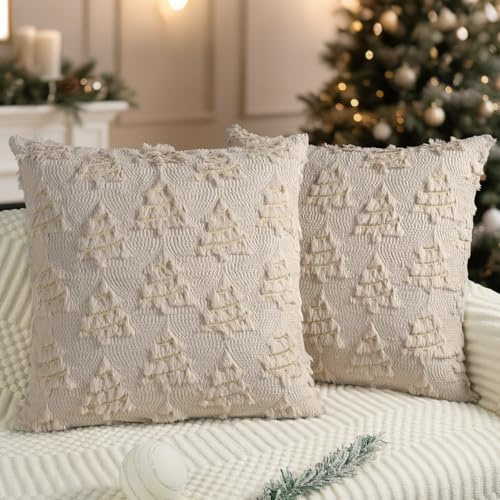 Miaikoe Weihnachtskissenbezüge 40x40 cm 2er Set Dekorative Wollkissenbezug Weiches Plüsch Fälschungsfell Weihnachtsbaum Goldene Linien für Feiertage Winter Wohnzimmer Sofa Beige