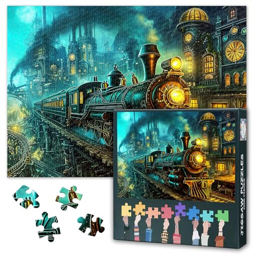 Dampflok-Puzzles 1000 Teile, Vintage-Zug fährt auf den Gleisen verschiedener Epochen Puzzle für Erwachsene 1000 Teile, Zeitreise-Puzzles, 50 x 70 cm