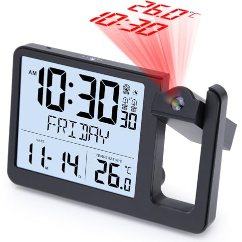 VIVILINEN Réveil Projecteur Radio Pilotée - Projection au Plafond avec 2 Alarms, Affichage Température, Date et Jour - Réveil Matin Numérique avec Capteur Lumière et Snooze