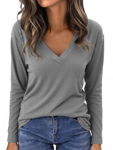 Aottori T-Shirt à Manches Longues Femme Col V Chic élégant Lâche Haut Décontracté Tee Shirt Tunique Basic Top Tshirt Gris XL