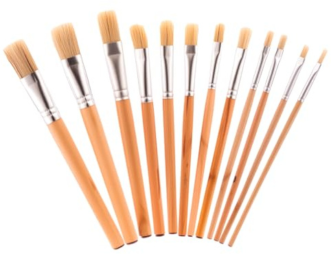 XAQAMY Pinselset 12 Stück Borstenpinsel für Acrylfarben und Ölfarben Premium Künstlerpinsel mit Naturborsten und Holzgriff Flachpinsel Set für Anfänger und Profis Malen Zubehör