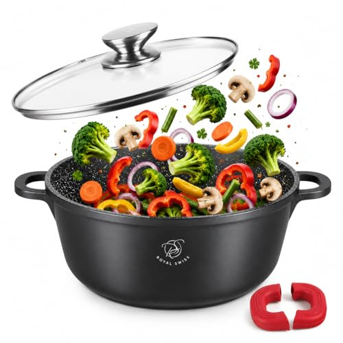Royal Swiss Faitout 32 cm Noir 9.5L – Revêtement Marbre Antiadhésif, Couvercle en Verre, Compatible Induction & Four, Fonte d’Aluminium, Poignées Silicone Amovibles (Noir, 32 cm)