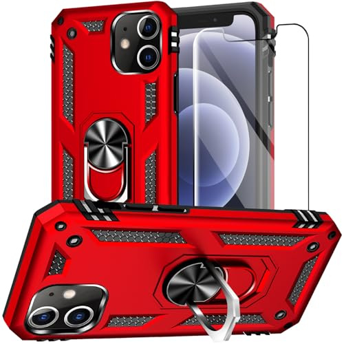 for iPhone 12 Mini Case with Screen tector:[Military Grade Drop Tested] Ring Holder Kickstand Shockof Anti-Slip tective Phone Case for iPhone 12 Mini 5.4- Red