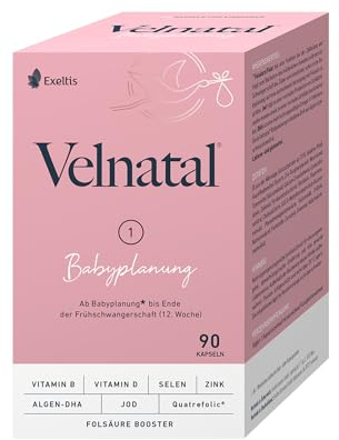 Velnatal Babyplanung, Nahrungsergänzung mit Folsäure, 90 Weichkapseln | DHA aus Algen, wichtige Vitamine & Mineralstoffe, für Frauen mit Kinderwunsch, glutenfrei, laktosefrei, 1x täglich 1 Kapsel