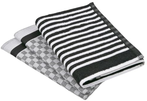 Ross Exclusiv 3-teiliges Küchenset – 2X Zwirn Halbleinen Geschirrtücher (50x70 cm), 1x weiches Baumwoll Frottier Küchentuch (50x50 cm) – Saugstark, schnelle Trocknung - Schwarz