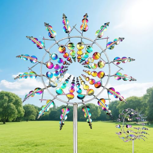 Einzigartige und Magische Metall Windmühle, 3D Metall-Windmühle, Garten Wind Spinner Einzigartige, Rostfrei Gartenstecker Windspiel für Garten, Terrasse, Landschaft Dekoration