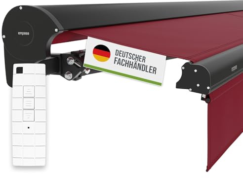 empasa elektrische Kassettenmarkise Expert Plus Markise mit WiFi-Motor | Smart Home kompatibel, Terrassenüberdachung mit Volant, komplett vormontiert, Farbe:weinrot, Größe:3.5 x 2.5 m