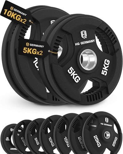 HQ Germany® Hantelscheiben 50mm [Tri-Grip Design] - Gewichte 1,25-25kg | 100% Gusseisenkern, PVC-Gummierung, drei ergonomische Griffe, ±3% kalibriert, Edelstahl-Hülse, auf 5.000 Drops getestet