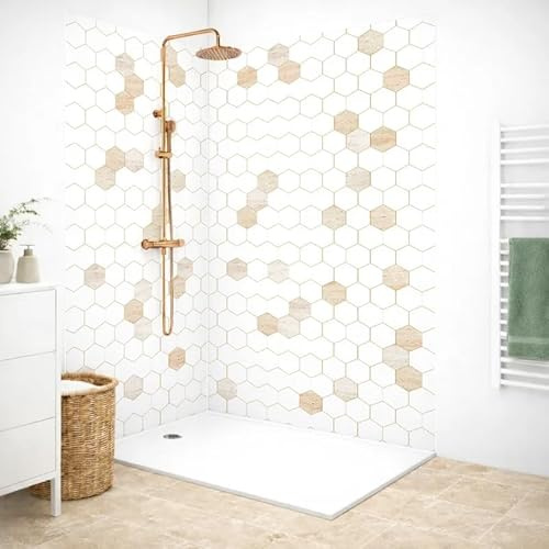 99 Déco Panneaux Muraux de Douche PVC 3mm, Motif Hexagonal Travertin Blanc Beige, 90x220 cm et 120x220 cm avec Profilés Blancs, Installation Collée