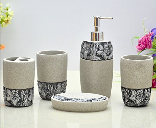 HONGS Bad Set Badezimmer Badgarnitur Stein Blume Optik Seifenspender Zahnputzbecher Badset
