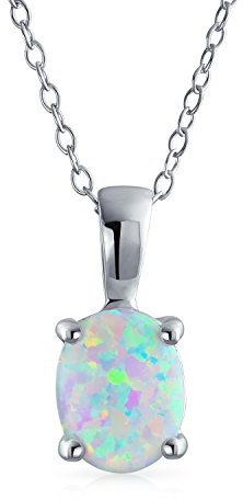 Klassische Einfache Edelstein 1Ctw Solitär Oval Weiß Regenbogen Erstellt Opal Anhänger Halskette Für Frauen Teen .925 Sterling Silber Oktober Birthstone