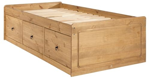 Corona Brown Wooden Single Cabin Bed, 3'0 Waxed Pine with Drawer Storage | 3 Underbed Drawers with Dovetail Joints, Solid Pine Wood Construction, Black Gunmetal Handles, Fits UK Single Size Bed