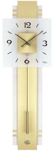 Quarzuhr - Wanduhr - AMS Quarz mit Pendel golden Pendeluhr mit Messing und Glas