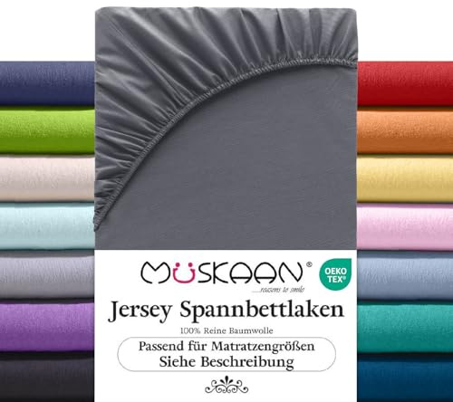 Müskaan Spannbettlaken 180x200 cm – 200x220 cm | 100% Baumwolle Jersey Bettlaken – Weiches Spannbetttuch für Matratzen bis 32 cm Höhe – Anthrazit