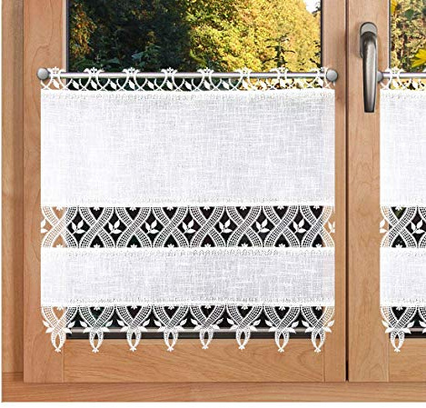 Scheibenhänger Landhausstil Rebecca hochwertige Vogtländische Spitze | Scheibengardine mit Käseleinen-Struktur weiß und Spitzenbesatz | feine, zeitlose Blatt- und Ornament-Stickerei HxB 60 x 62