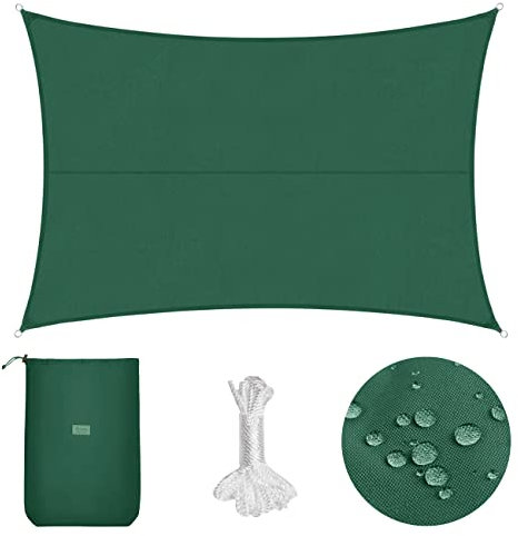 Sekey Sonnensegel Wasserdicht 3x4m Rechteckig PES Polyester, Sonnenschutz 95% UV Schutz Windschutz Reißfest Wetterfest, für Balkon Garten, mit Ösen und Befestigungsseile, Grün