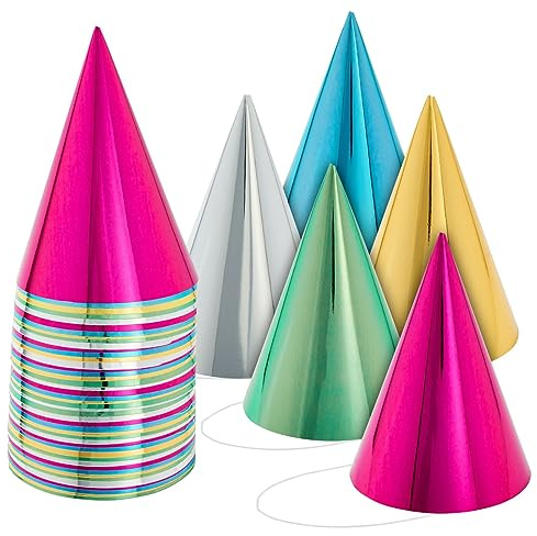 BLUE PANDA Party Hats - 50 Pack, Metallic Blue/Green/Gold/Silver/Hot Pink, Cone - Bulk Set for Kids & Adults