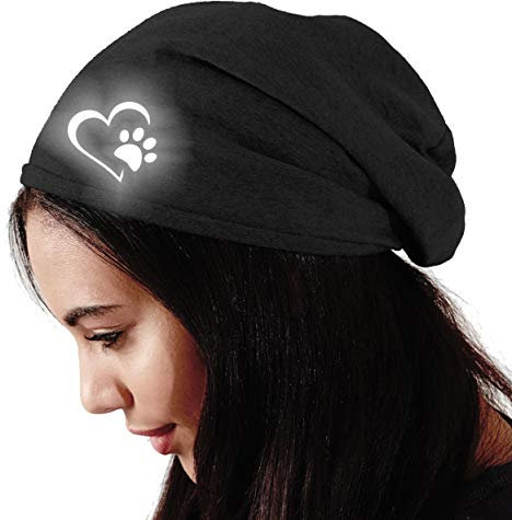 Roughtex Beanie Baumwolle Damen reflektierend leichte Jersey Mütze mit Reflex Druck Hund Gassi Bicolor Schwarz Grau Medium 27cm