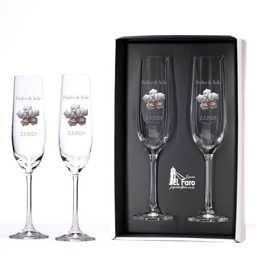 JOYERIA EL FARO | Copas 50 aniversario bodas de oro personalizadas con nombres | Cristal de Bohemia de alta resistencia | Estuche premium incluido | Celebra 50 años de amor juntos