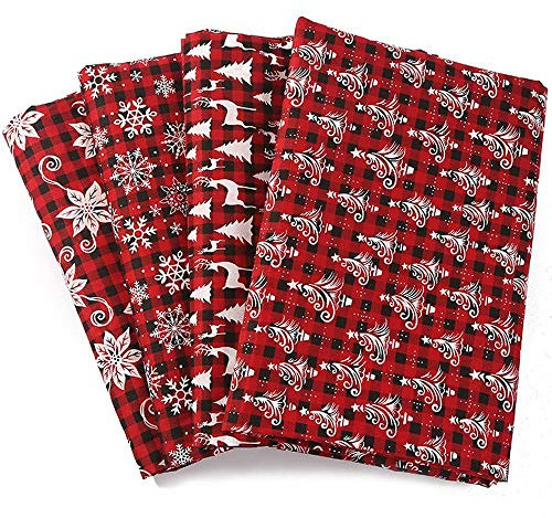 LUMoony MoonyLI 4 piezas de tela de algodón de Navidad, paquete de manualidades a cuadros en blanco y negro, tela de patchwork, copos de nieve, cervatillo, árbol de Navidad, tela de acolchado, tela de