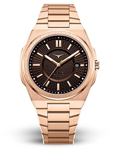ZINVO Rival Rose Gold Quartz Acier Marron IP Dateur Or Silicone Saphir Montre Homme