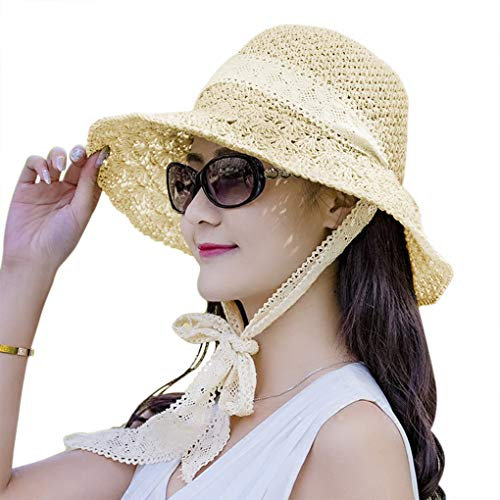 AfinderDE Sommer Strohhut Damenhut Faltbarer Fischerhut Sonnenhut Strandhut Sommerhut Frauen Anti-UV Hut Outdoor breite Krempe Mütze (Beige(56cm-58cm))