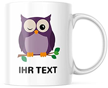 STEMPEL-FABRIK – personalisierte Tasse mit Namen – Kaffeetasse mit Wunschtext individuell gestalten – Geschenk für beste Freundin & Co – Keramiktasse beidseitig bedruckt (330 ml | Eule)