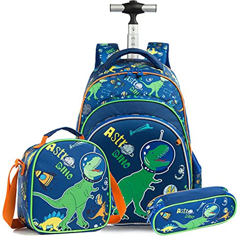 HTgroce Niños Mochila con Carrito Escolares,bolsa enrollable para el tiempo libre para la escuela primaria para la guardería para niñas juego de de viaje con bolsa de almuerzo con Dinosaurios.