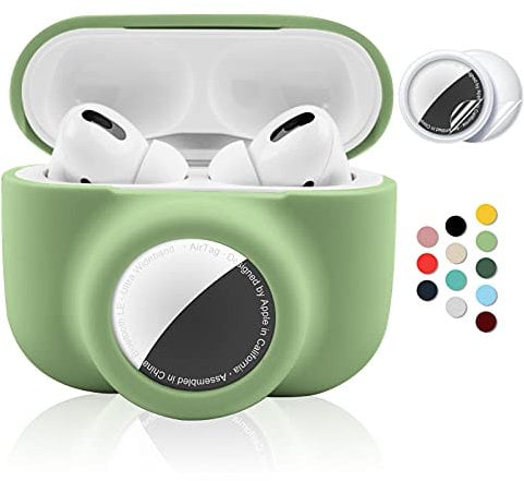 2 in 1 Protective Case for Apple AirPods Pro Air Tag Holder Combo, Soft Silicone Airpods Pro AirTag Case with 2 PCS Screen Protector, Anti-Scratch Anti-Fall Anti-Lost Shockproof Durable(EmeraldGreen)