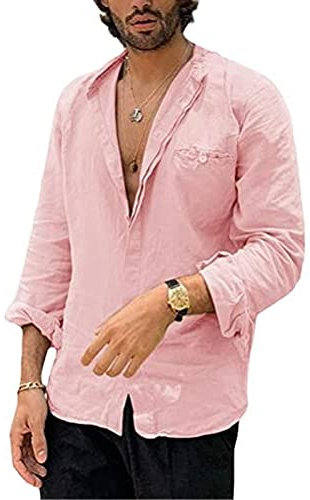 Camicie di Lino da Uomo Autunno Camicie a Maniche Lunghe di Lino con Risvolto in Tinta Unita Casual di Nuova Moda Rosa XL