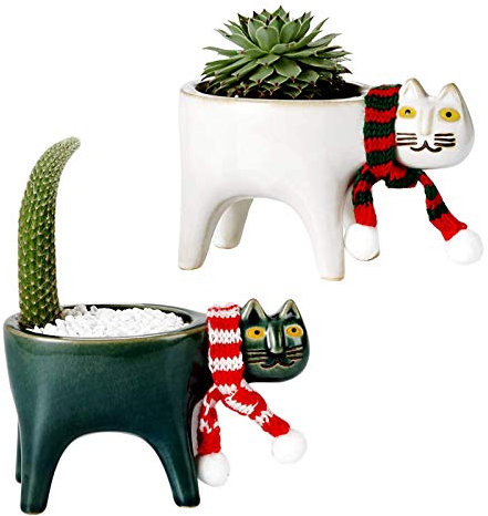 LNJ Katze Blumentopf - Keramik Sukkulenten Töpfe Kleine Cartoon Übertöpfe Tierform Saftige Topf Kaktus Pflanzentöpfe Katzenform Container Mit Schal Desktop Dekoration, Weiß + Grau