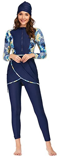 OBEEII Frauen voller Länge Lange muslimische islamische Burkini bescheidene Bademode Damen-Badeanzug, Hijab Burkini, Muslimische Badebekleidung Tankinis Damen Hellblaue Blume B XL