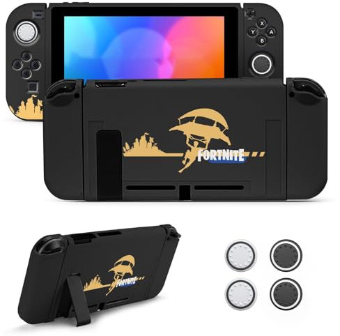 JINGDU Funda Protectora Compatible con Nintendo Switch NS, Carcasa Switch Compatible con Switch NS, Suave Protector de Interruptor de TPU con 4 Tapas, Fortnite