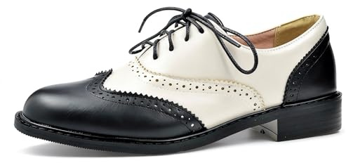 PIVAPAM Womens Oxfords Black and White Wingtip Chunky Heeled Patent Leather Vintage Brogue Lace Up Two Tone Saddle Shoes
