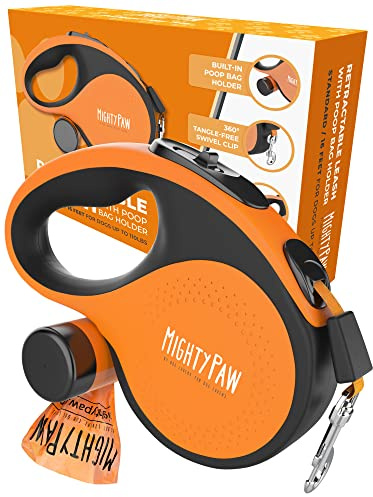 Mighty Paw Retractable Leash with Built-in Poop Bag Holder | 16' Long Retractable Dog Leash for Small Dogs, Medium Breeds & Large Pets with Tape for Quick Control. Poop Bags Included