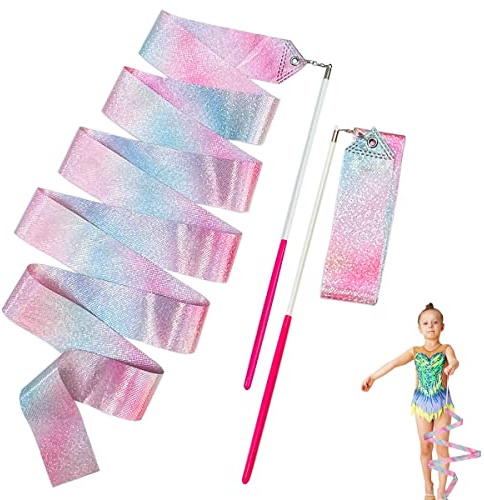 HZMM 2 Pcs Dance Ribbons, 78.7 Inch Sparkling Dance Ribbon Streamer, Rhythmic Gymnastics Ribbon with Wand, Twirling Dancing Ribbons, for Kids Girls Adults Talent Shows Artistic Dancing Training