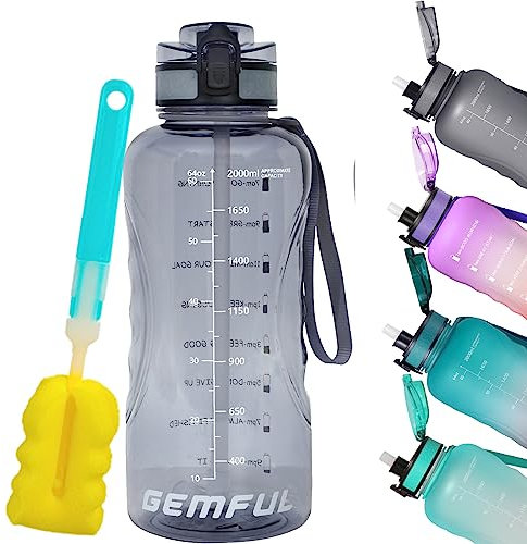 GEMFUL 2 Liter Trinkflasche mit Strohhalme BPA Frei Auslaufsicher Groß Sportflasche mit Zeitangaben für Sport Fitness Outdoor (Klares/Grau)