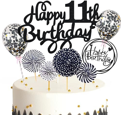 Feelairy Tortendeko 11. Geburtstag Mädchen Jungen, Schwarz Kuchen Deko 11. Geburtstag Mädchen Jungen Cake Topper Happy Birthday Ballon Konfetti für Geburtstagstorte Deko 11 Jahre Kinder