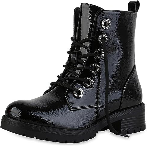 VAN HILL Damen Schnürstiefeletten Blockabsatz Lack Trendy Schuhe 840598 213310 Schwarz Lack 36