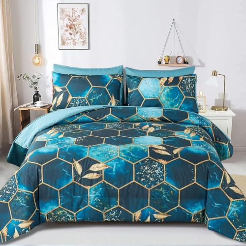 Freyamy 3D Marmor Bettwäsche 200x200cm 3teilig Blau Gold Geometrische Marmormuster Luxus Bettwäsche 100% Mikrofaser Bettwaren-Sets Weiche Bettbezug mit Reißverschluss und 2 Kissenbezug 80x80cm