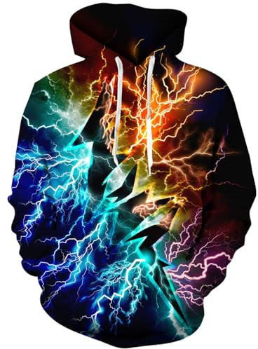 Rave on Friday Herren 3D Druck Pullover Bunte Blitz Hoodie Langarm Kapuzenpullover Cool Sweatshirt L