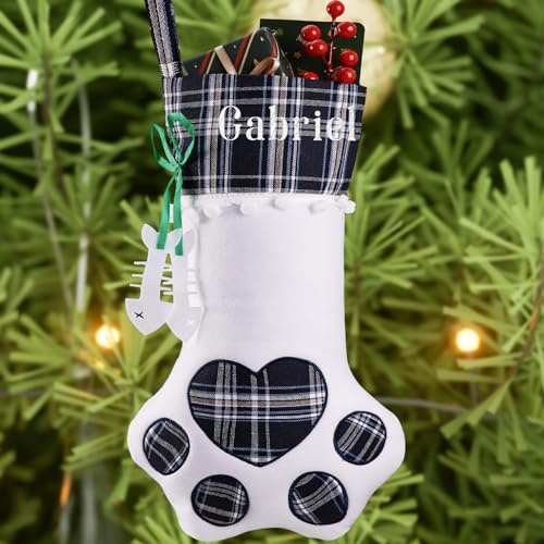 Bemaystar Personalisierter Hunde-Weihnachtsstrumpf – Büffelkarierte Hundepfoten-Weihnachtsstrümpfe, Plüsch, Jute, benutzerdefinierte Katze, Weihnachtsstrumpf, bestickte Hängesocken für